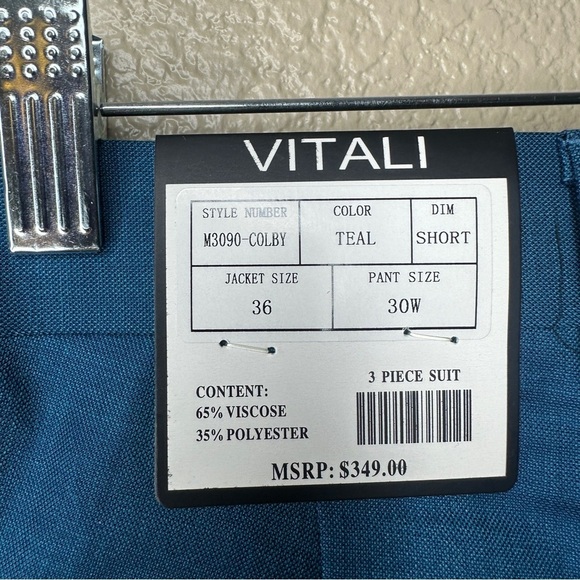 Mens Vitali Three Piece Suit Vested M3090-COLBY Teal Slim Fit - Picture 10 of 11